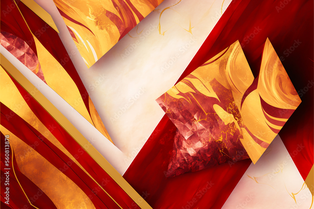 Poster abstract red and golden background with marbled shapes. generative ai