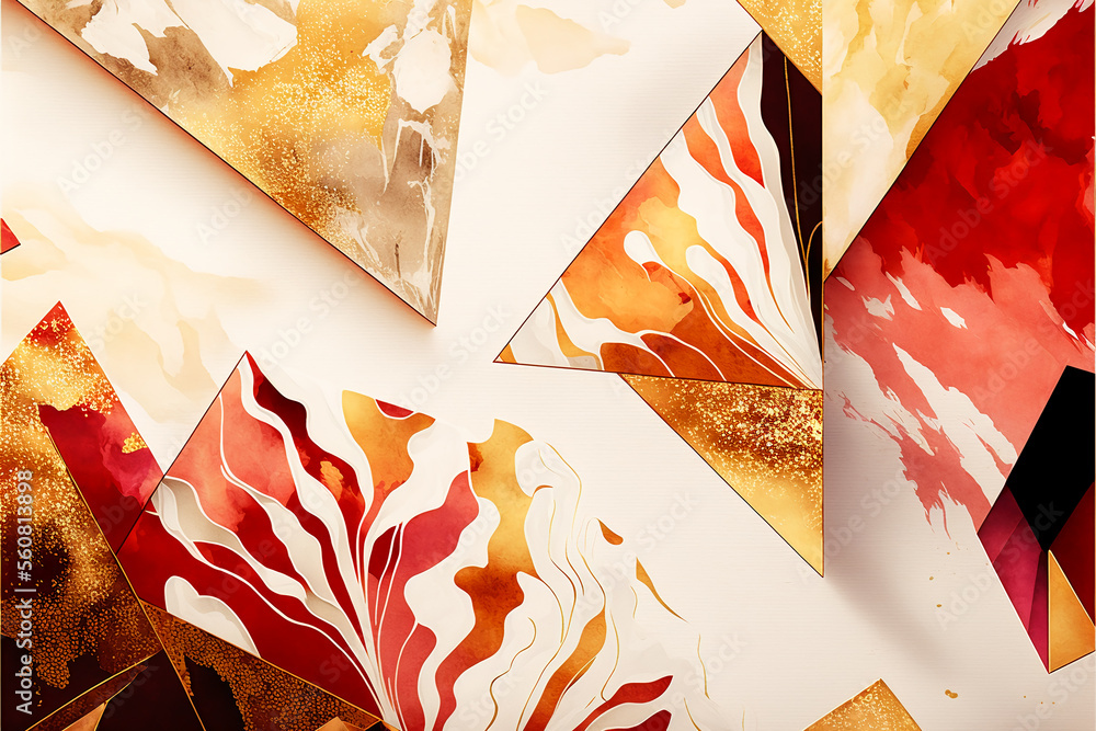 Poster abstract red and golden background with marbled shapes. generative ai