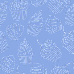 Seamless pattern with pastries, muffins in cupcake paper outline. Vanilla and chocolate cakes decorated with whipped cream, berries and cherry. Sweet sugar desserts. Colored vector illustration