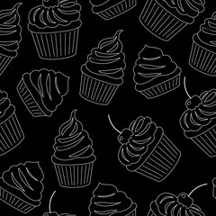 Seamless pattern with pastries, muffins in cupcake paper outline. Vanilla and chocolate cakes decorated with whipped cream, berries and cherry. Sweet sugar desserts. Colored vector illustration