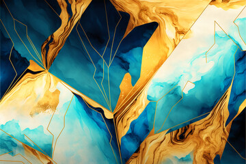 abstract blue and golden background with marbled shapes. Generative AI