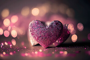 Obraz premium Beautiful pink glittering heart, pink bokeh background, St. Valentine's Day, Generative AI