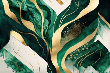 Schilderijen op glas abstract green and golden background with marbled organic shapes. Generative AI © pcperle