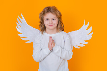 Christmas kids. Little cupid angel child with wings. Studio portrait of angelic kid.