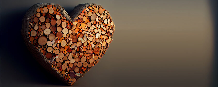  heart shaped  firewood, valentines day, copy space, isolated black background, generative ai