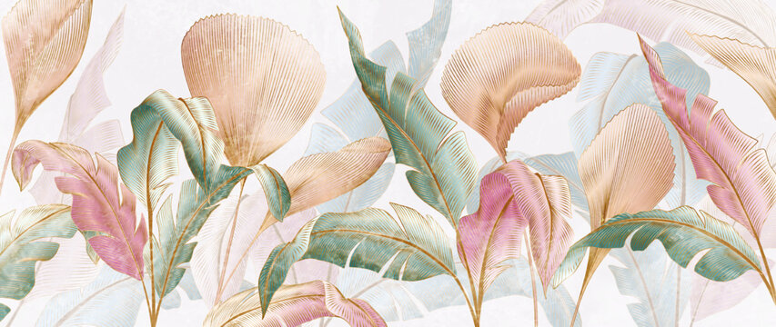 Abstract luxury art background with exotic leaves in watercolor style with golden art line elements. Botanical banner with tropical plants for wallpaper design, decor, print, textile.