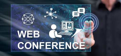 Man touching a web conference concept