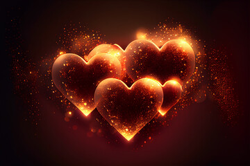 Heart of Shiny flow of glitter particles and bokeh golden shiny background on dark backdrop
