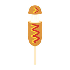 Korn dog cheese vector on white background. Korn dog with and ketchup. cheese stretch.