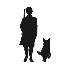 WW2 soldier black silhouette. Germanic warrior with shepherd dog. Isolated prison nazi guard. War camp scene. Germany officer with rifle