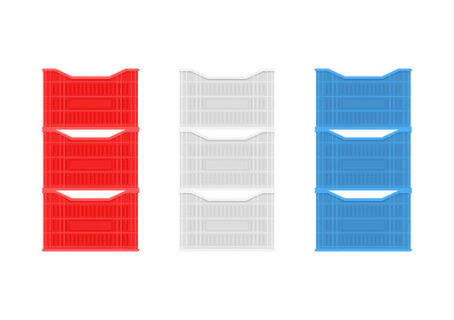 Plastic crate vector set. Empty plastic crate for fruits and vegetables. Vector illustration.