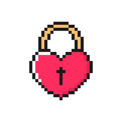 Heart shaped lock pixel icon. Love symbol for Valentine's Day. Isolated on white background vector sign