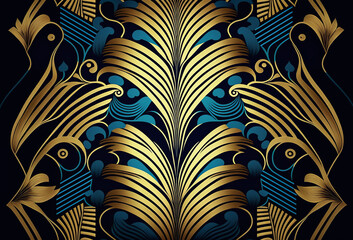 Art deco gold and blue ornate pattern background design. Generative ai