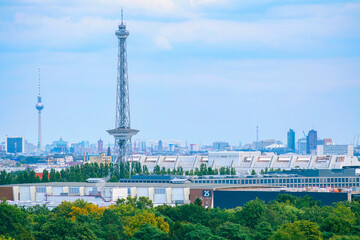 View over downtown Berlin with "Funkturm" (radio tower), "Fernsehturm" (TV tower), "Rotem Rathaus" (Red Townhall) and various other sights. © Mickis Fotowelt