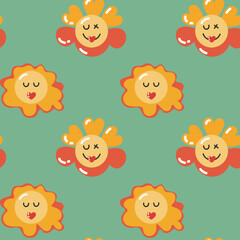 Trendy Valentine's day seamless pattern design for web and print. Smile, retro flowers, heart. Retro concept. Repeatable vector design for wrapping, stationery and fabric. Yellow and green