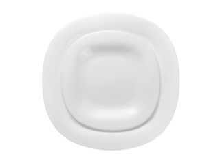 Two white modern square plates. Table setting top view. Isolated png with transparency