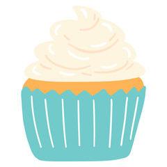 Hand drawn delicious cupcake in cartoon style. Vector illustration of sweets, dessert, pastries