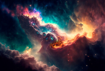 Obraz na płótnie Canvas Dramatic and beautiful space background. Nebula blast. Multicolored space clouds. Science fiction backdrop. Fantastic cosmic wallpaper. Generative AI illustration.