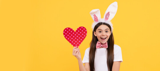 favorite holiday. just having fun. ready for party. happy childhood. bunny kid with love heart. Easter child horizontal poster. Web banner header of bunny kid, copy space.