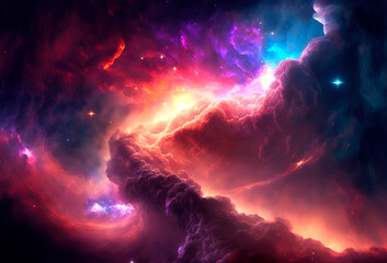 Fototapeta na wymiar Dramatic and beautiful space background. Nebula blast. Multicolored space clouds. Science fiction backdrop. Fantastic cosmic wallpaper. Generative AI illustration.