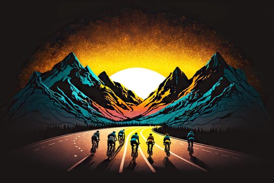 team of bicycling athletes on winding mountain road against backdrop of setting sun, generative ai
