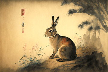 Chinse Watercolor Painting Commemorating the Year of the Rabbit - Generative AI. - obrazy, fototapety, plakaty