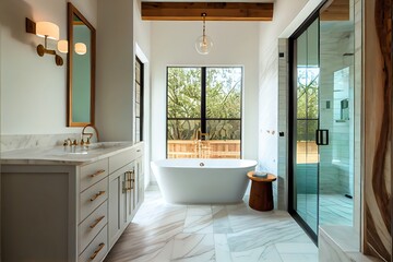 フリースタンディングバスタブ付きの美しいデラックスバスルーム