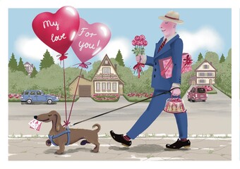 ИллюстValentine's Day. A man goes to his beloved woman.рация без названия