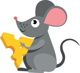 Cute mouse with cheese piece. Cartoon animal icon