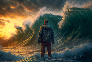 Disheartened Man Standing in the Midst of Turbulent Crashing Waves. Feeling of Overwhelming Demands - Generative AI. - obrazy, fototapety, plakaty