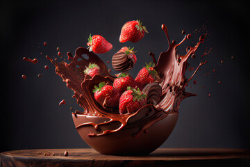 Dripping Chocolate Covered Strawberries Splashing into Chocolate Bowl - Generative AI.