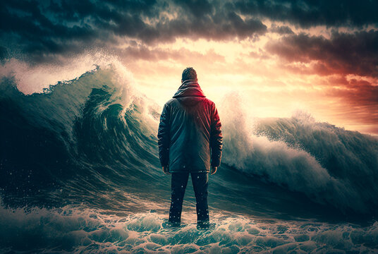 Disheartened Man Standing in the Midst of Turbulent Crashing Waves. Feeling of Overwhelming Demands - Generative AI.