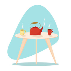 Coffee table with teapot and ceramic cups. Tea time or coffee set on table in living room with cups of hot drinks and red teapot. Flat vector illustration.