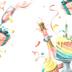 Bright, cheerful, festive, template with champagne, cake, gifts, balloons and confetti, flags. Watercolor illustration from the HAPPY BIRTHDAY collection. For card, poster print decoration