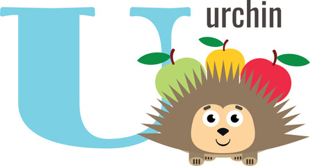 U card. English alphabet letter. Funny urchin