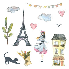 Eiffel Tower, Parisian, a house, a baguette and groceries, a black cat, a tree, clouds, hearts and a garland of flags. Watercolor illustration. a set from the PARIS collection. For the design - obrazy, fototapety, plakaty