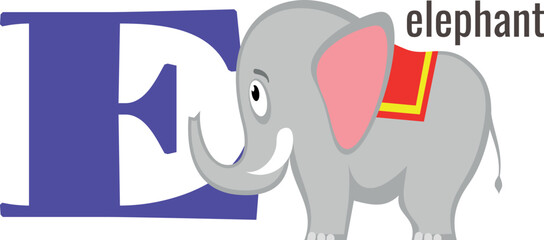 E letter symbol. Elephant cartoon alphabet card