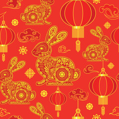 Happy Chinese New Year 2023 Year of the Rabbit Vector Seamless Repeat Pattern Design Textile Motive illustration 