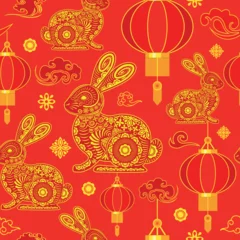 Foto op geborsteld aluminium Draw Happy Chinese New Year 2023 Year of the Rabbit Vector Seamless Repeat Pattern Design Textile Motive illustration 