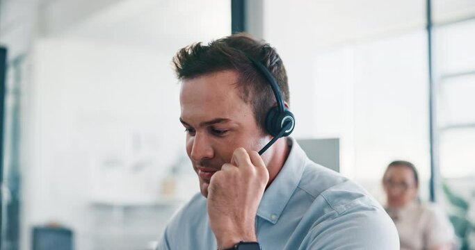 Call center, businessman and crm consulting in office for telemarketing, help or customer service. Customer support, consultant and man on virtual call for contact us, support and friendly assistance