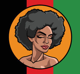 Black woman with afro hair, in color. Black history month.