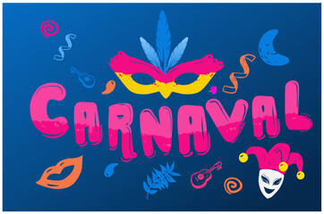 Carnival elements, banner with mardi gras mask, confetti and instruments. Blue Background - obrazy, fototapety, plakaty