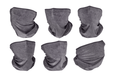 Grey neck gaiters six views set with different face rotation. Isolated png with transparency