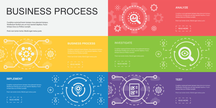 Business process, implement, analyze, investigate, test, icons Infographic design layout design template. Creative presentation concept with 5 steps