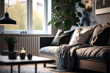 Modern living room interior with minimalist scandinavian design. Designed using generative ai. 