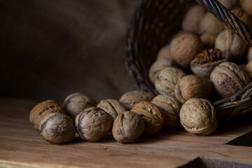 walnuts in the shell scattered from a basket on a wooden background