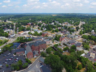 Methuen downtown including Spicket Mill at Spicket River aerial view at Pleasant Street and Broadway in historic city center of Methuen, Massachusetts MA, USA. 