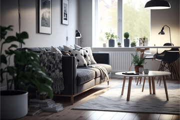Modern living room interior with minimalist scandinavian design. Designed using generative ai. 