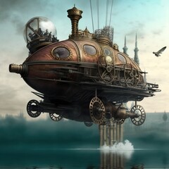 Fototapeta na wymiar Incredible Major Steampunk balloon floating above water surface. Illustrations Generative AI.