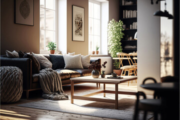 Modern living room interior with minimalist scandinavian design. Designed using generative ai. 